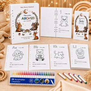 61-Piece Baby Shower Guest Book to Colour in – 36 ABC & 123 Animal Wish Cards, 24 Pens & Wooden Sign, Baby Shower Guest Book Game, Memory Book & Gift for Expecting Mum