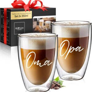 ElbFuchs® Double-Walled Latte Macchiato Glasses OMA and OPA, 2 x 350 ml Gift Idea, Ideal Coffee Glasses Double-Walled as a Gift for Grandma and Grandpa or Mum, Dad