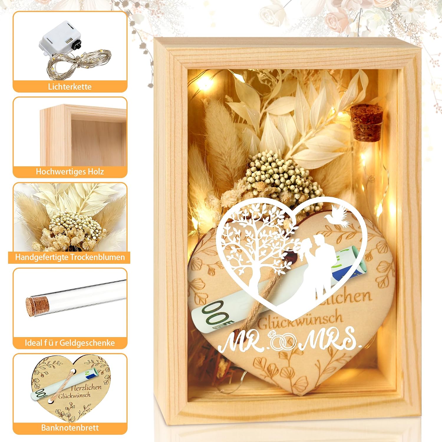 Wedding Gifts for Newlyweds, Money Gift, Wedding, Love, Romantic Gift for Her, Wedding Gifts, Dried Flowers, Wooden Box, Fairy Lights, Greeting Card, Glass Bottle, Wedding Anniversary – Bild 6