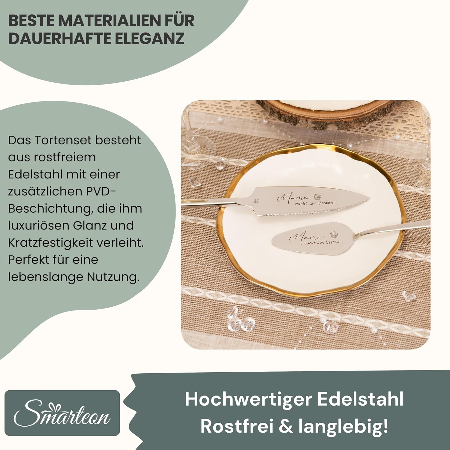 SMARTEON Cake Server Set Hand in Hand with Cake Knife and Personalised Engraving - Wedding Gifts for Newlyweds, Birthday, Anniversary, Gift Idea for Couples - Silver Set in Gift Box – Bild 3