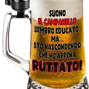 Glass Beer Mug with Bell - Coloured Print "Sound Die Glocke sieht höflich aus, aber ... ich verstecke, dass ich gerade gebrochen!!" - Funny Gift Idea for Friends and Parties
