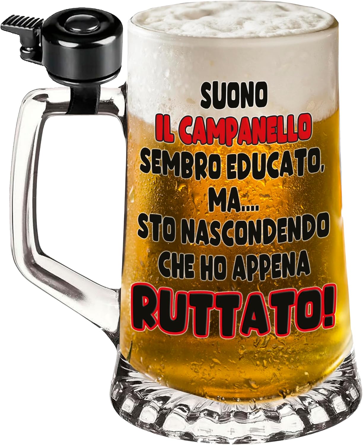 Glass Beer Mug with Bell - Coloured Print "Sound Die Glocke sieht höflich aus, aber ... ich verstecke, dass ich gerade gebrochen!!" - Funny Gift Idea for Friends and Parties