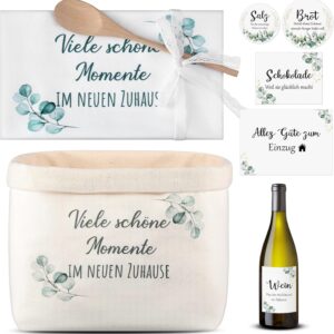 Sinmoe Housewarming Gift House Bread Basket Bread Salt Wine Sticker Tea Towel Cooking Spoon Housewarming Gift for Home Topping Party (Eucalyptus, Many Beautiful Moments in the New Home)