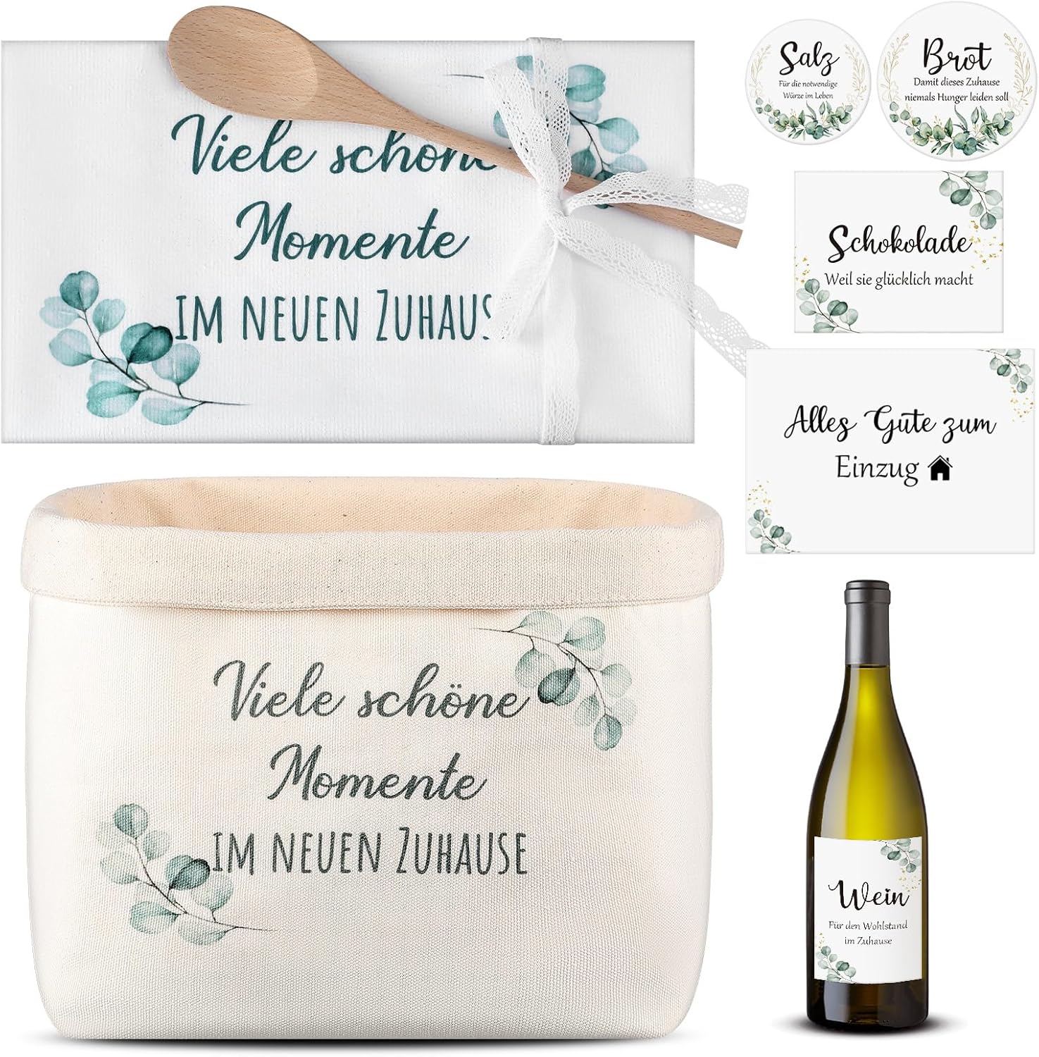 Sinmoe Housewarming Gift House Bread Basket Bread Salt Wine Sticker Tea Towel Cooking Spoon Housewarming Gift for Home Topping Party (Eucalyptus, Many Beautiful Moments in the New Home)