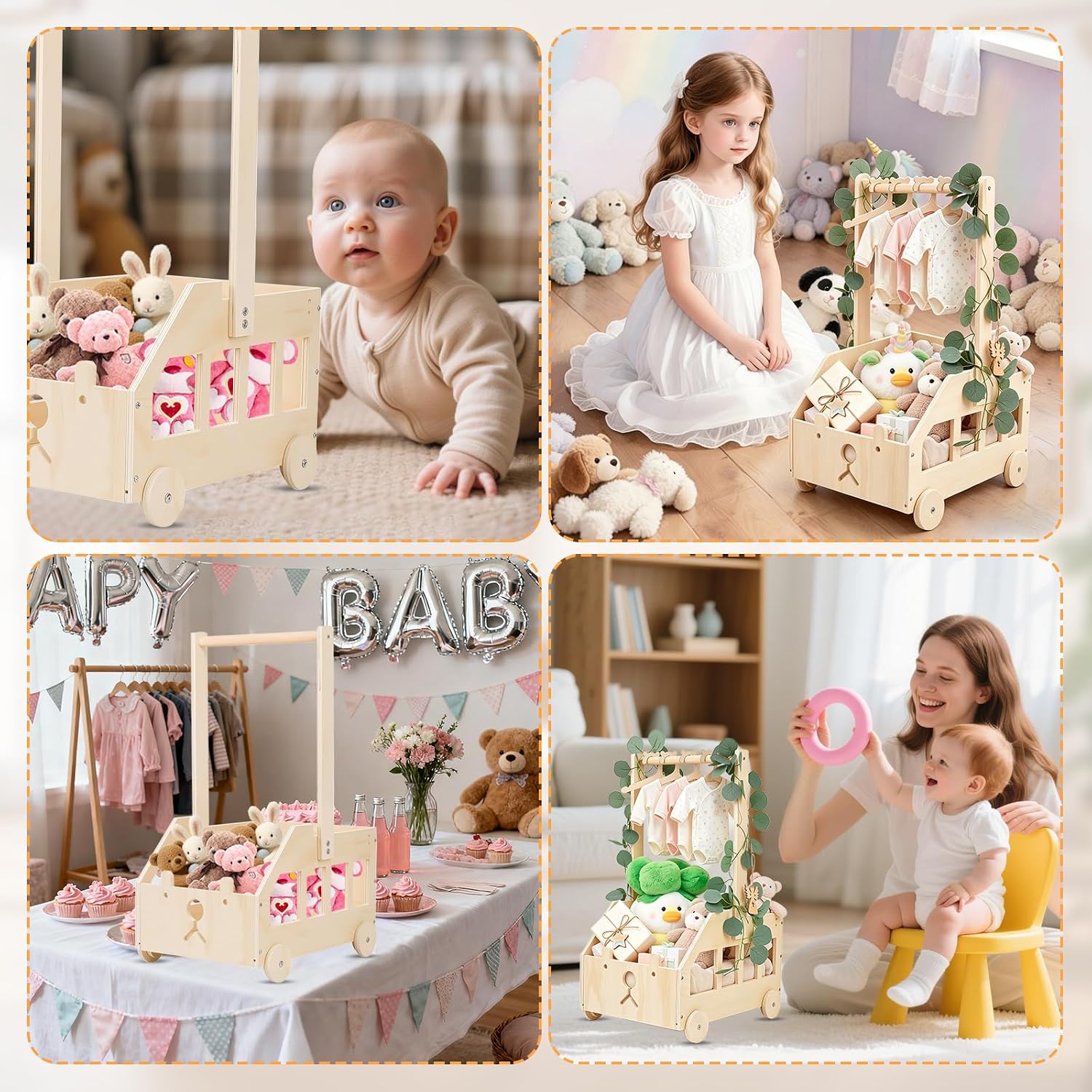 Baby Shower Gift with Wooden Baby Basket on Wheels, Baby Gift Basket with Handle, Wooden Changing Basket, Baby Basket with Bear, Doll Hangers, Decorative Leaves and Angel Day for Newborns – Bild 7