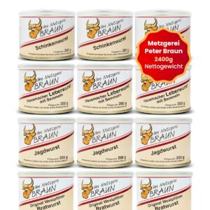 Metzgerei Peter Braun® Klassik Wurstsorten Probierpaket (12 x 200 g) – Handwerklich hergestellt, 2 Jahre haltbar, Geschenkset mit deutscher Wurst, Made in Germany