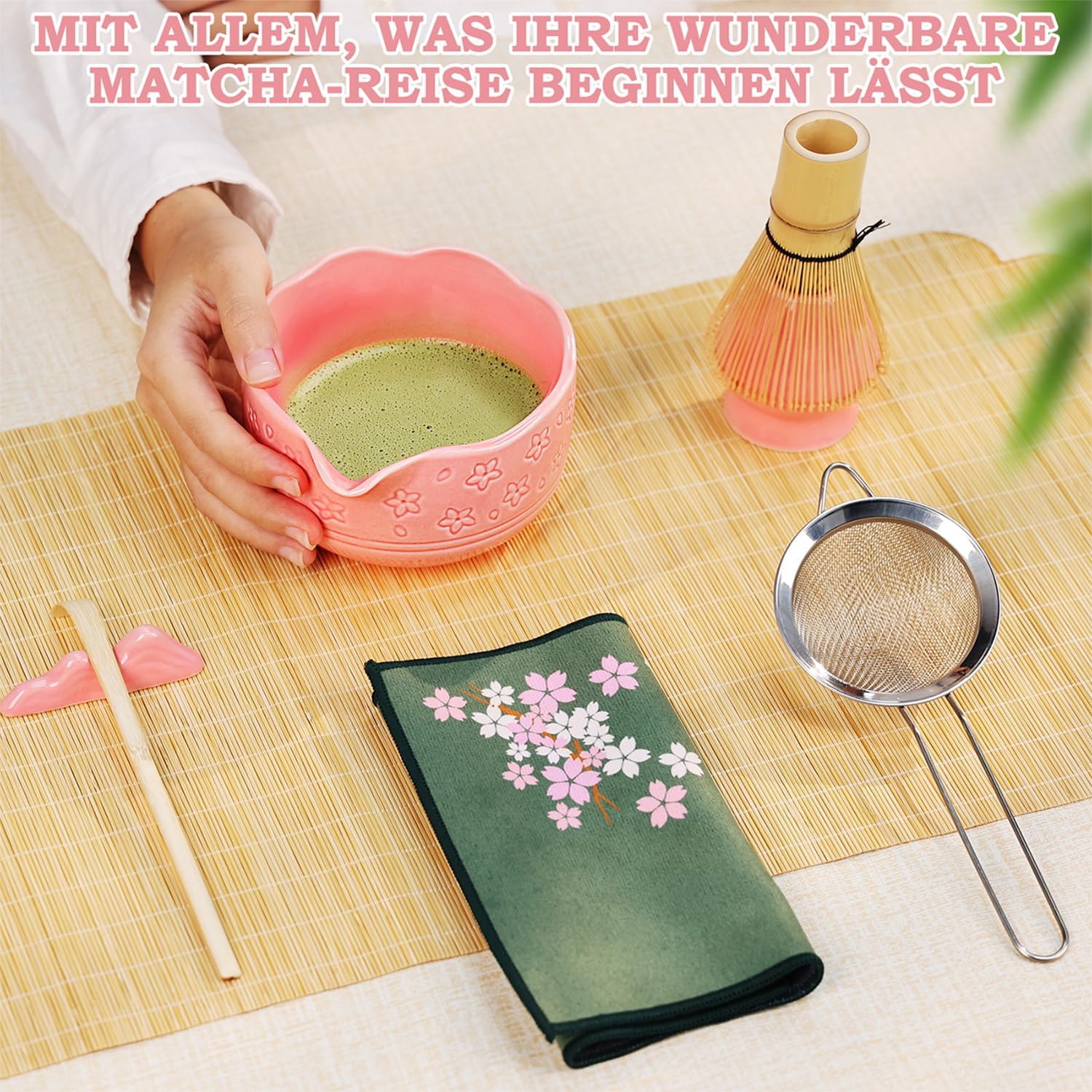 Matcha Set, Matcha Tea Set 7 Pieces with Matcha Broom Bowl, Strainer & Accessories, Perfect Gift Premium Matcha Set for Traditional Japanese Lovers (Pink) – Bild 2