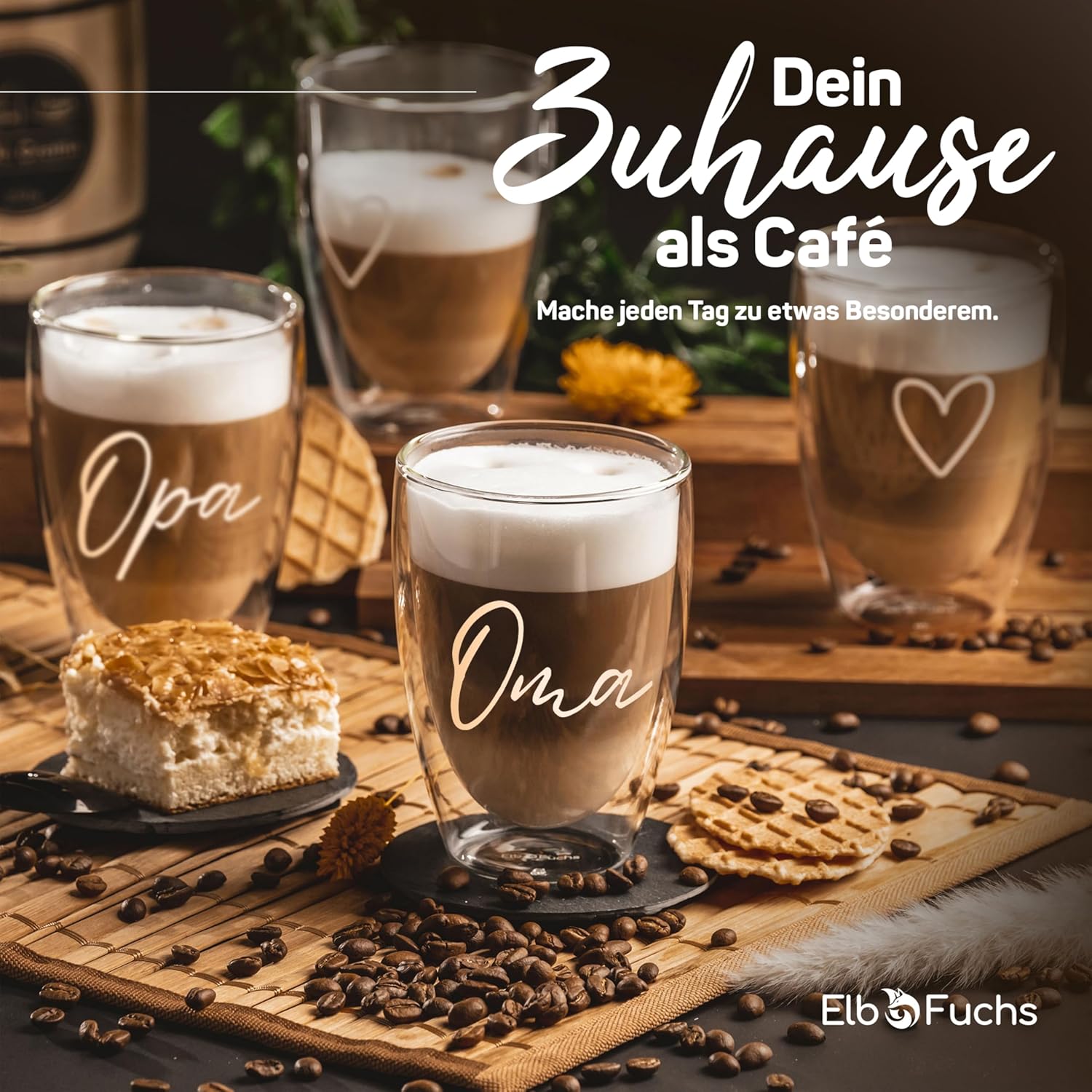 ElbFuchs® Double-Walled Latte Macchiato Glasses OMA and OPA, 2 x 350 ml Gift Idea, Ideal Coffee Glasses Double-Walled as a Gift for Grandma and Grandpa or Mum, Dad – Bild 3