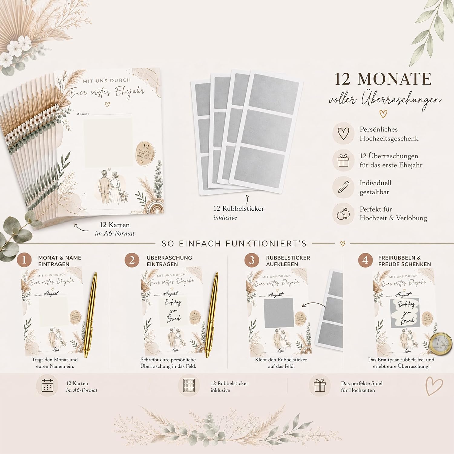 Krause & Sohn Wedding Game "Mit uns durch Euer erstes Ehejahr" 12 Cards with Scratch Stickers - Gift Idea for Wedding, Bride and Groom & Wedding Guests Voucher Set (Beige, Boho) – Bild 3