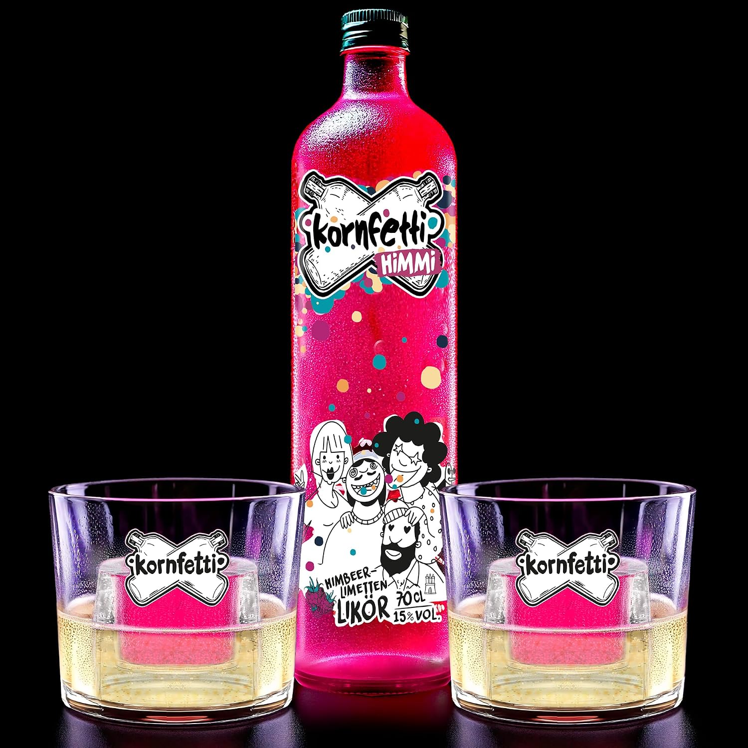 Kornfetti Himmi Bomb Bundle - Raspberry Lime Liqueur 0.7L + 2 Glasses - 15% Vol - Fruity Sparkling Drink - Perfect with Prosecco - Limited Edition