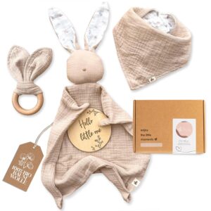 Mikito Baby Gift Boy & Girl/Newborn Gift with Muslin Cuddle Cloth + Teether + Bib + Baby Wooden Sign / Gift for Birth