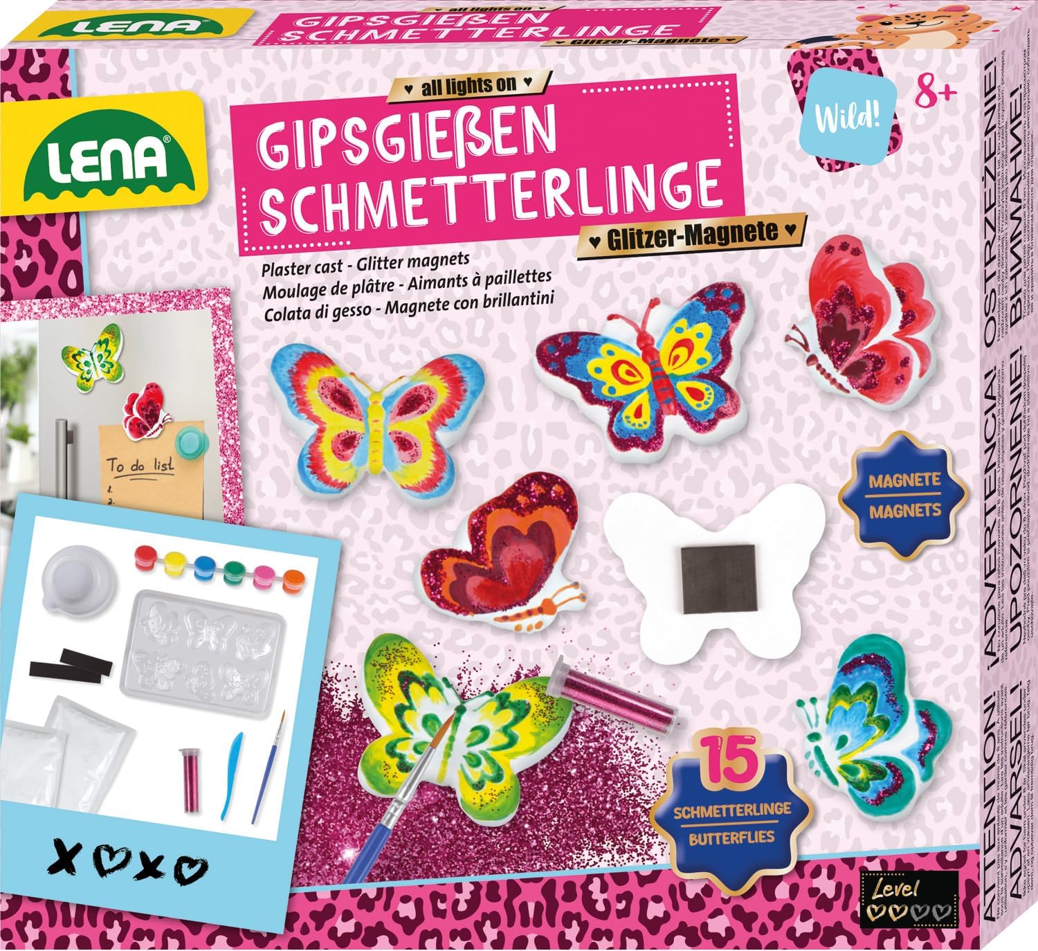 Lena 42707 Plaster Casting Set, Glitter Butterflies, Creative Set for Children from 8 Years for Self-Casting of Charming Butterflies, with Plaster, Moulds, Glitter and Tools