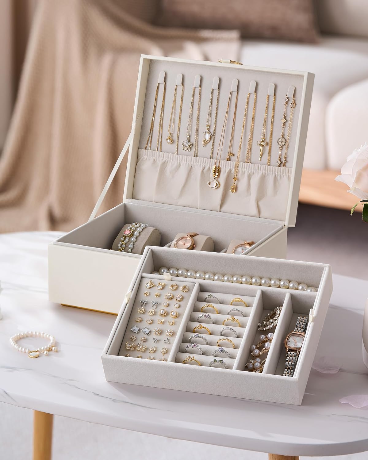 pickpiff 2-Tier Jewellery Cabinet for Women, Jewellery Storage with Handle and Removable Compartment, Necklace Holder, Velvet Lined Jewellery Cabinet for Home or Travel, Beige – Bild 4