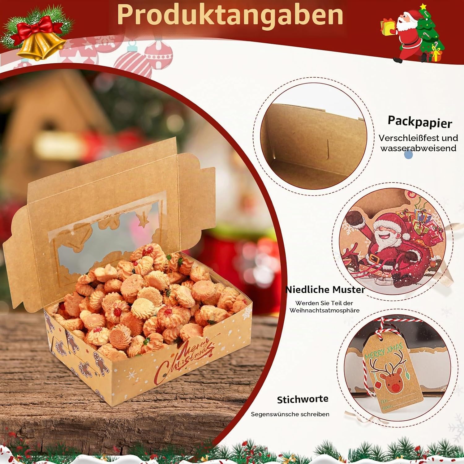Phlognfy Christmas biscuit boxes boxes, 12 pieces Christmas gift box, with string and pendant, suitable for packaging bread, sweets, chocolate, biscuits and cakes – Bild 4