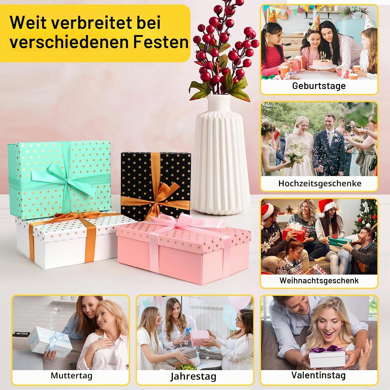 Luxury Gift Box with Lid, Premium Gift Box Girls Set with Bows Raffia Greeting Cards, 25 x 18 x 8.5 cm, Foldable Gift Box for Valentine's Day, Birthday, Christmas, Halloween, Wedding (White) – Bild 6