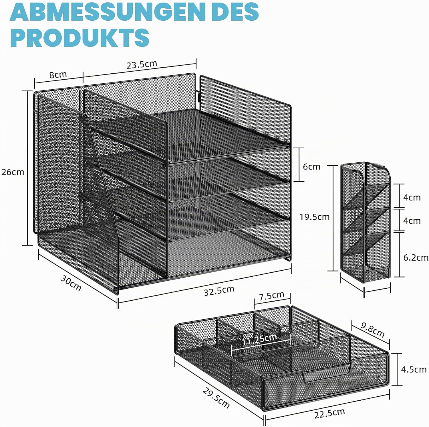 Marbrasse Desk Organiser with File Holder, 4-Tier Letter Tray Storage Compartments, Compartment Drawers, Hanging Pen Holder, Mesh Desk Paper Shelf for Home, Office, Supplies, Document Tray (Black) – Bild 2