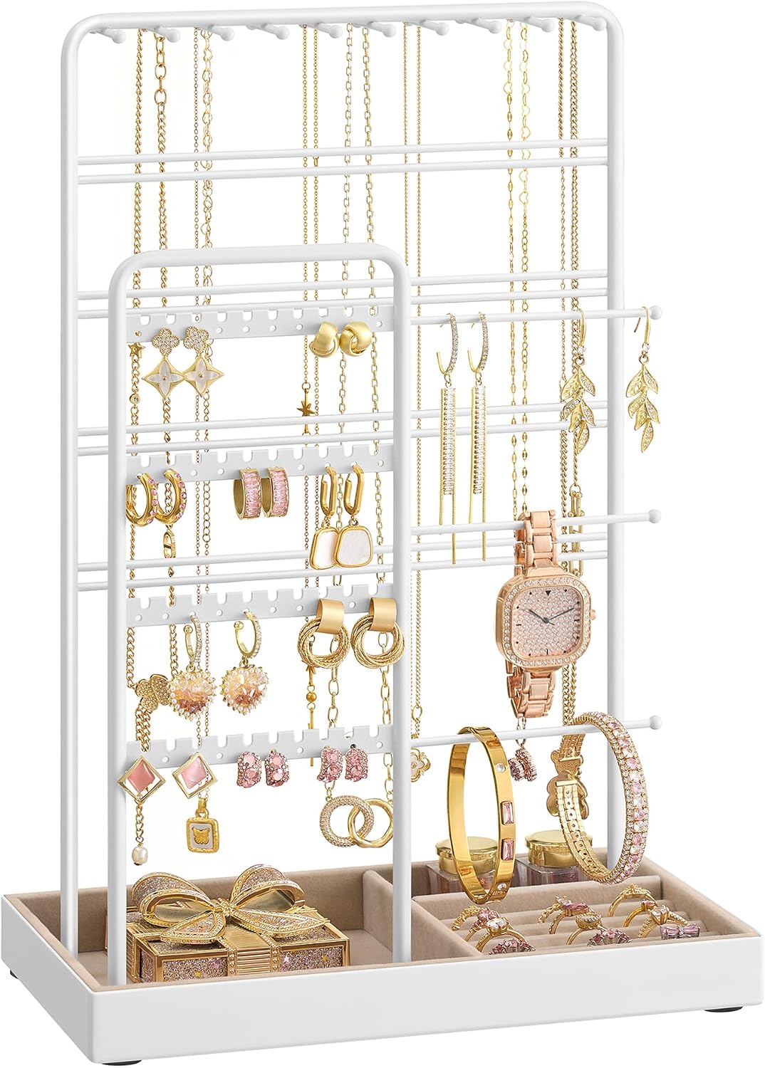 SONGMICS Jewellery Display Stand Metal Frame Velvet Jewellery Tray for