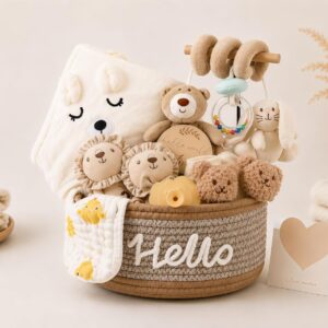 Baby Newborn Gift for Boys or Girls - 11 Piece Newborn Gift with Hooded Towel, Rattle, Pram Toy and Storage Basket, Baby Shower Gifts