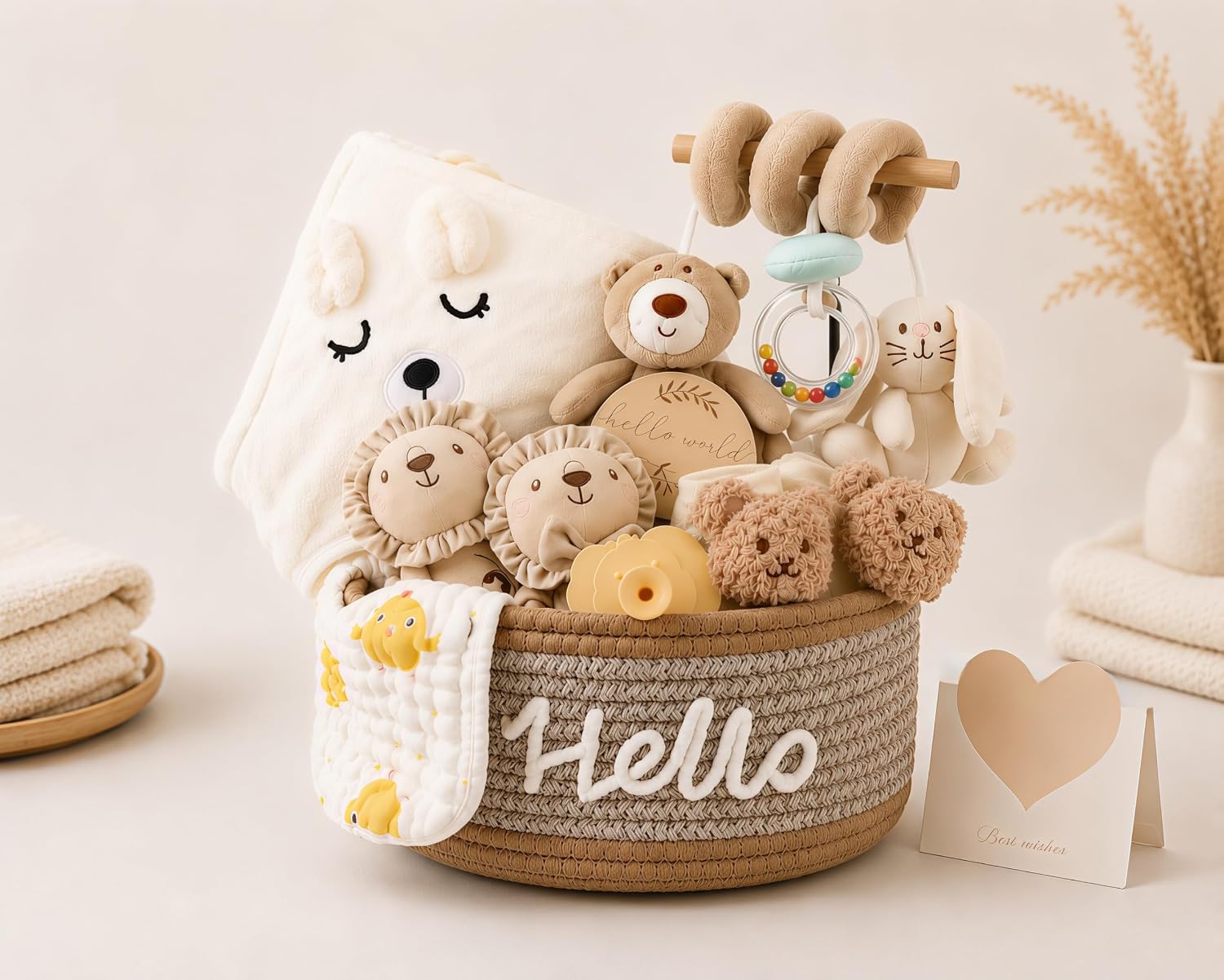 Baby Newborn Gift for Boys or Girls - 11 Piece Newborn Gift with Hooded Towel, Rattle, Pram Toy and Storage Basket, Baby Shower Gifts