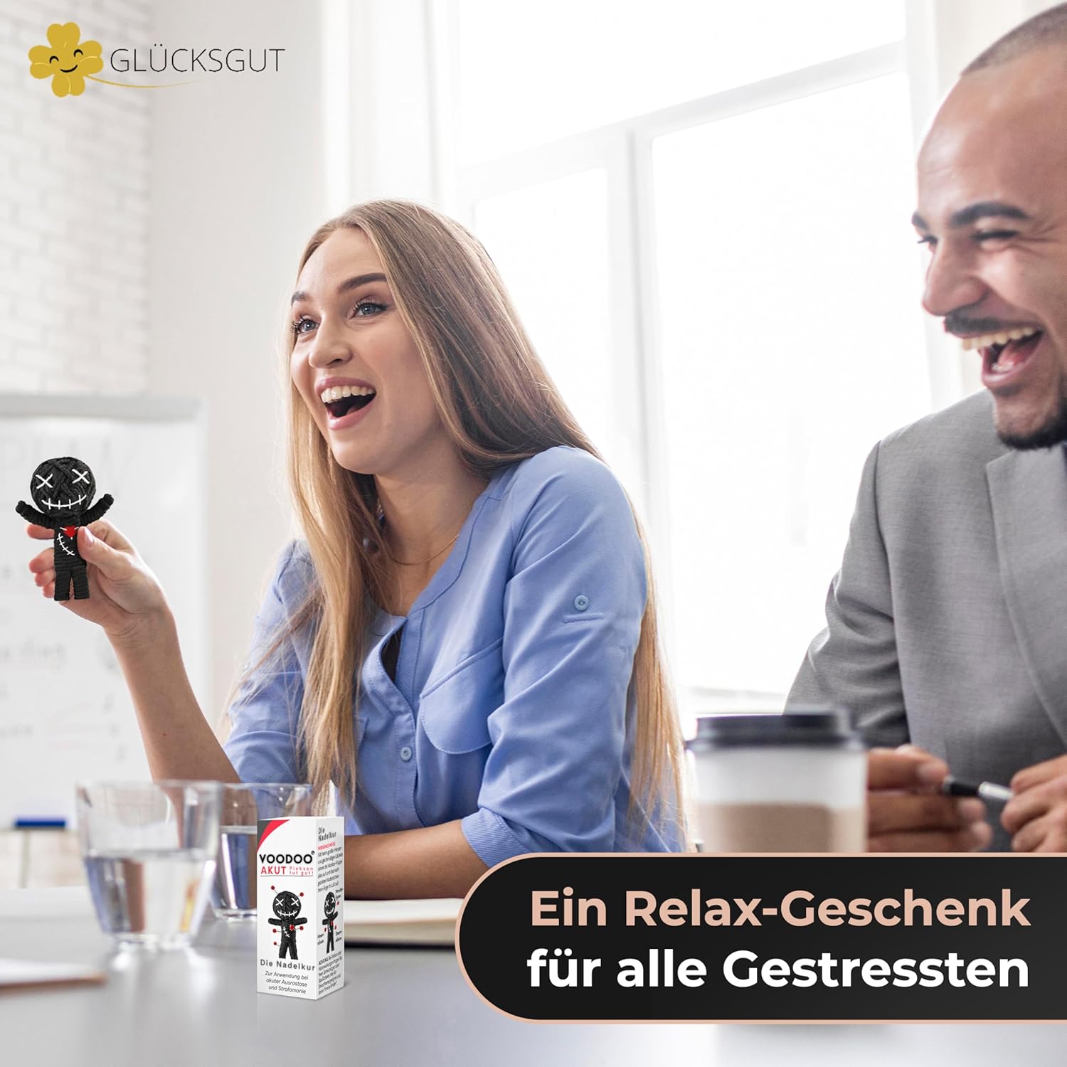 GLÜCKSGUT® Voodoo Doll with Needles | Pack of 3 | Gift Box & Instructions | Joke Medicine | Office Gift for Colleagues Coworker Boss | Anti Stress | Farewell | Office – Bild 5