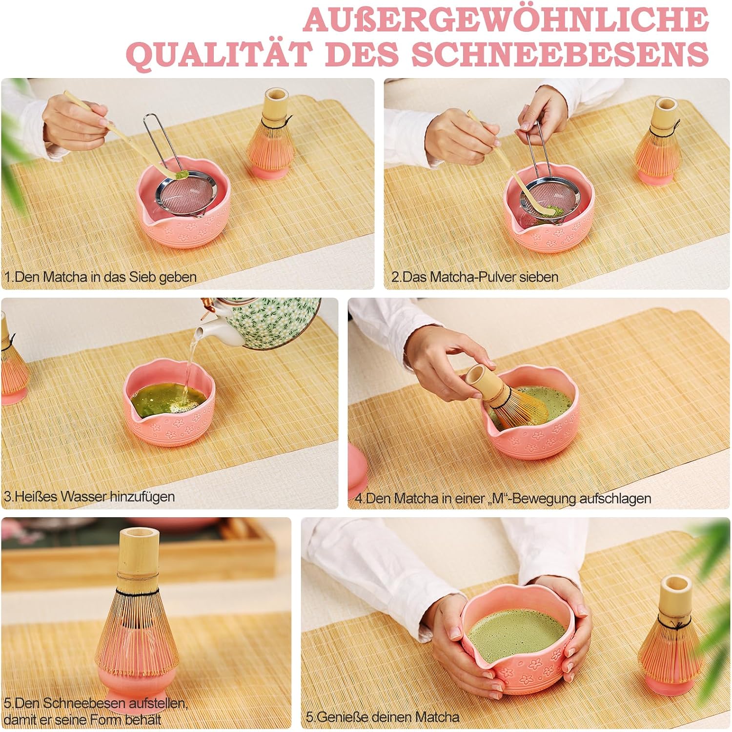 Matcha Set, Matcha Tea Set 7 Pieces with Matcha Broom Bowl, Strainer & Accessories, Perfect Gift Premium Matcha Set for Traditional Japanese Lovers (Pink) – Bild 6