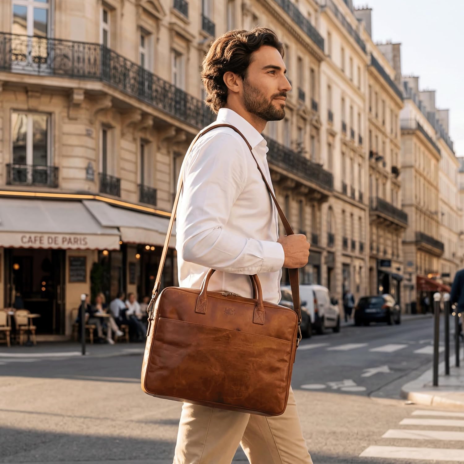 SID & VAIN Large Laptop Bag Genuine Leather – 15 Inch Laptop Business Bag CEDAR Large Briefcase with Shoulder Strap – Work Bag Men and Women Brown Handmade – Bild 2