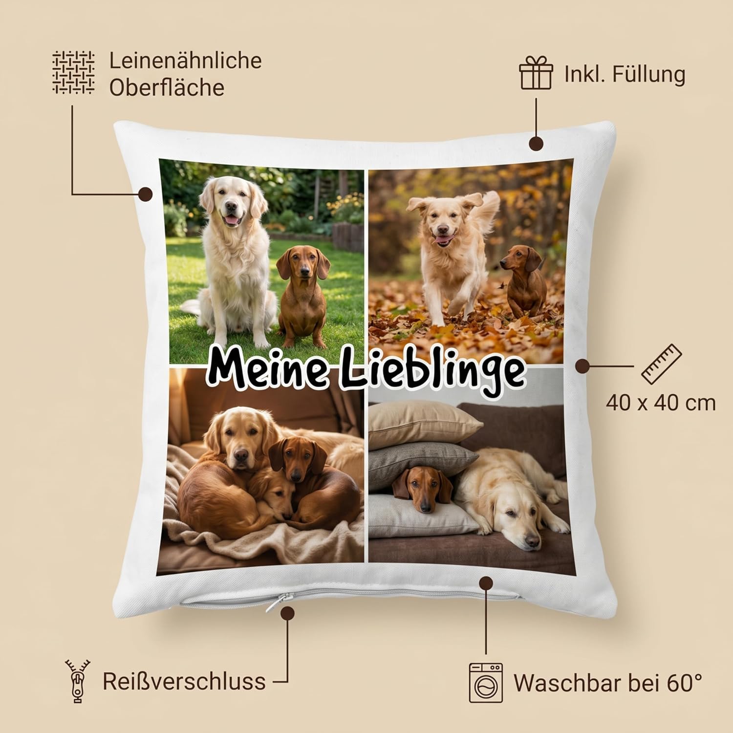 LOOXIS Photo Cushion Personalised with 4 Photos & Desired Text - 40 x 40 cm Collage Cushion Including Filling - Personal Gift Birthday Mother's Day Father's Day Anniversary Christmas - 4 Collage – Bild 4