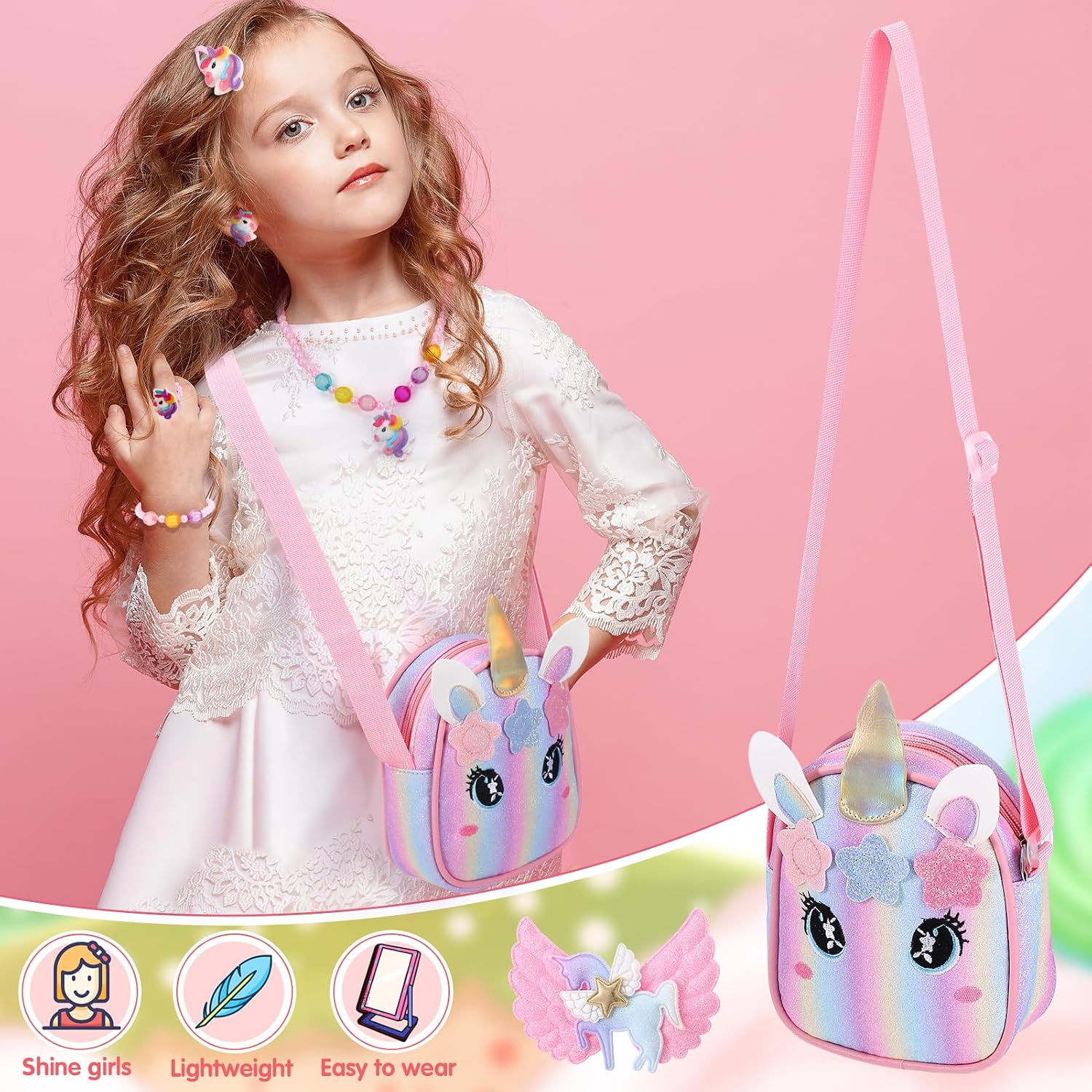 Yamitora Unicorn Handbag and Jewellery Set for Girls - Children's Jewellery Gifts 2-6 Years - Necklace Bracelet Birthday Gift Unicorn Gifts for Girls 2 3 4 5 6 Years – Bild 4