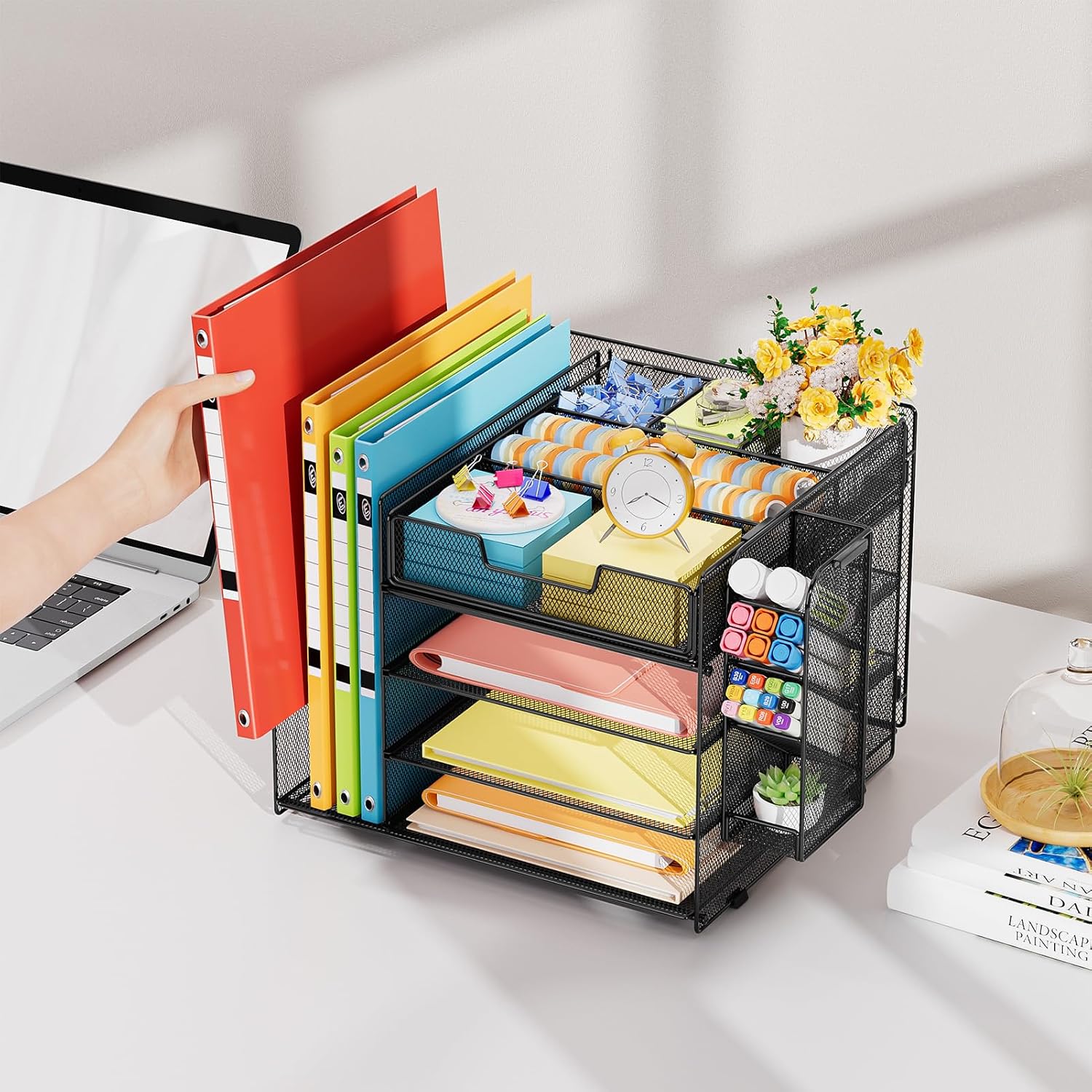 Marbrasse Desk Organiser with File Holder, 4-Tier Letter Tray Storage Compartments, Compartment Drawers, Hanging Pen Holder, Mesh Desk Paper Shelf for Home, Office, Supplies, Document Tray (Black) – Bild 7