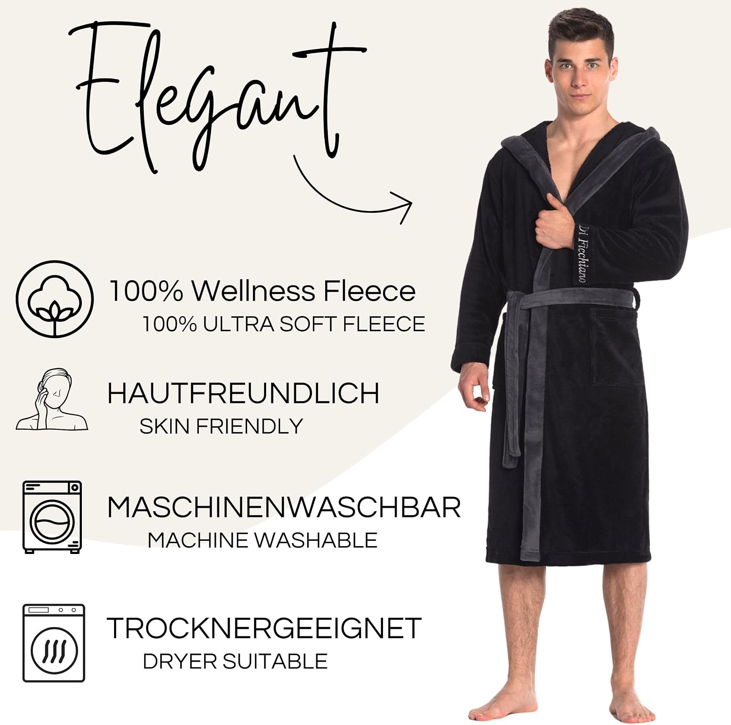 Di Ficchiano Monza Men's Bathrobe with Hood, Fluffy Dressing Gown, Sleepwear Made of Elegant Microfibre, Kimono with Choice of Colours and Sizes S–5XL, Bath Robe, Oeko-Tex Standard 100 – Bild 2