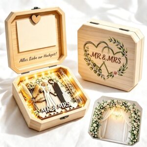 Money Gift Wedding Wooden Gift Box with LED Fairy Lights, Wedding Gifts for Bride and Groom, Wedding Card, Romantic Wedding Gift Packaging, Decorative Gift Box, Wedding