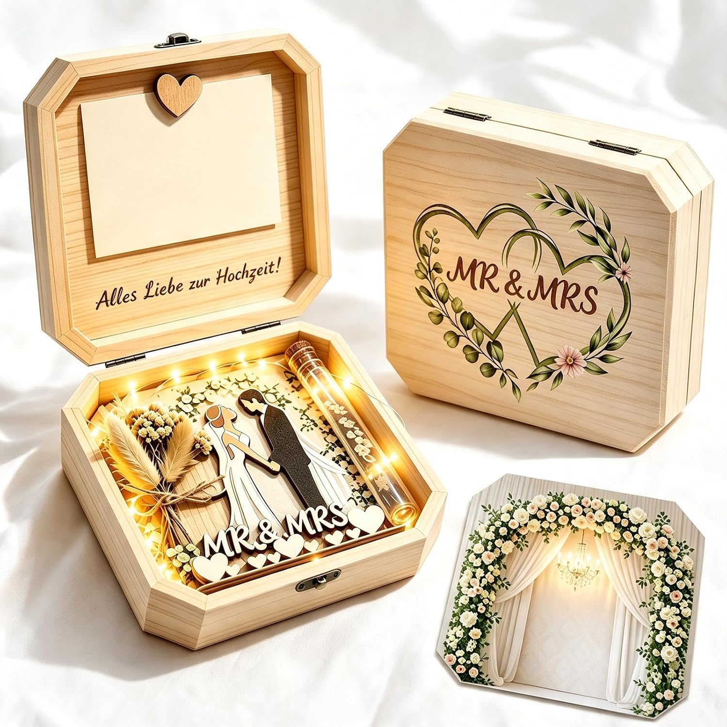 Money Gift Wedding Wooden Gift Box with LED Fairy Lights, Wedding Gifts for Bride and Groom, Wedding Card, Romantic Wedding Gift Packaging, Decorative Gift Box, Wedding