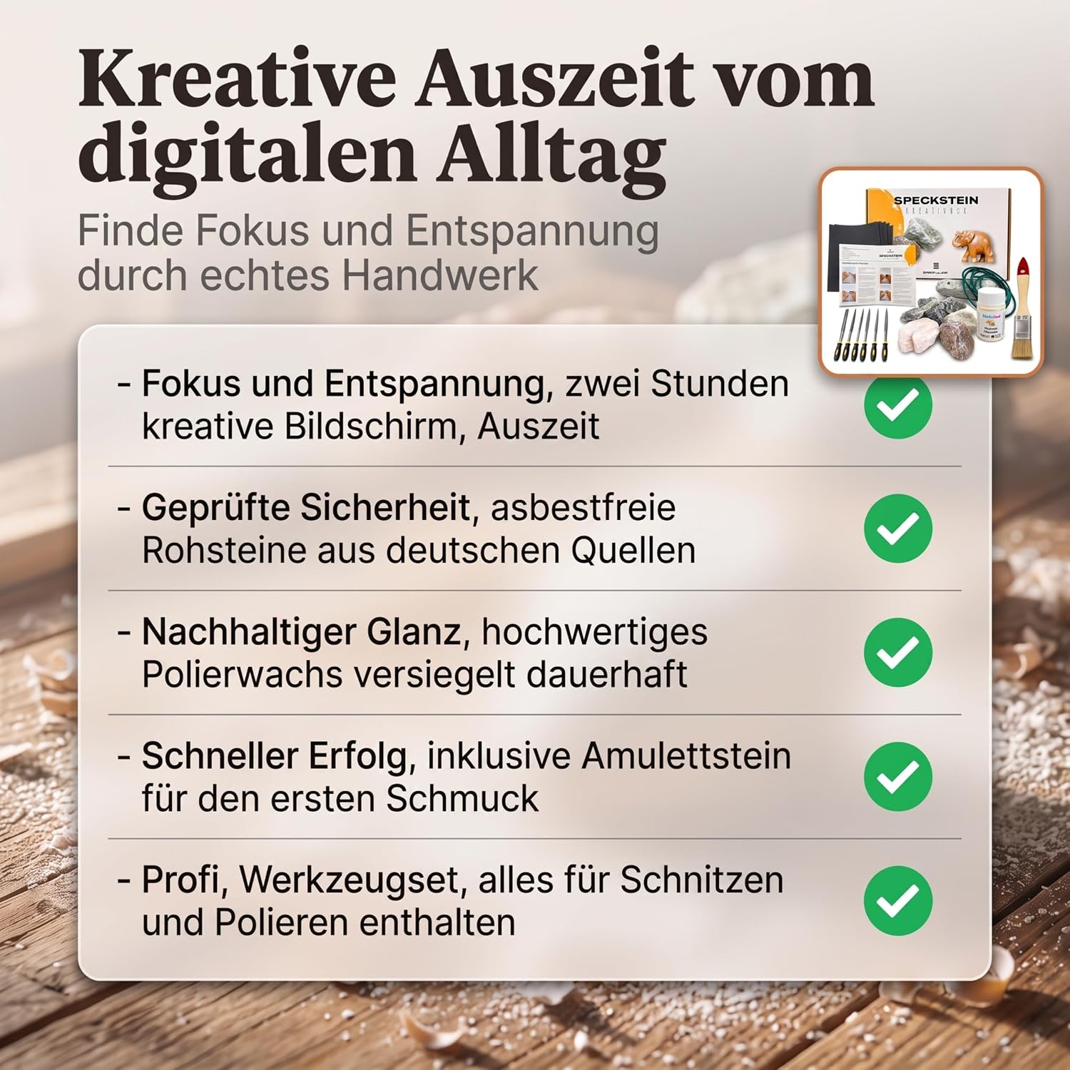Sheflajor Soapstone Set Including Amulet & Polishing Wax Made in Germany - Creative Carving Set for Beginners & Advanced Users - 100% Asbestos Free - Promotes Concentration, Creativity and Stress – Bild 3