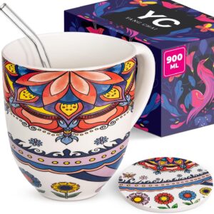 Yang Chai Jumbo Cup 900ml – Large Bone China Tea Cup – XXL Cup Gift Set with Coaster – Coffee Cup Giant Drinking Mug Giant Coffee Mug Jumbo Mug – YC Tranquility