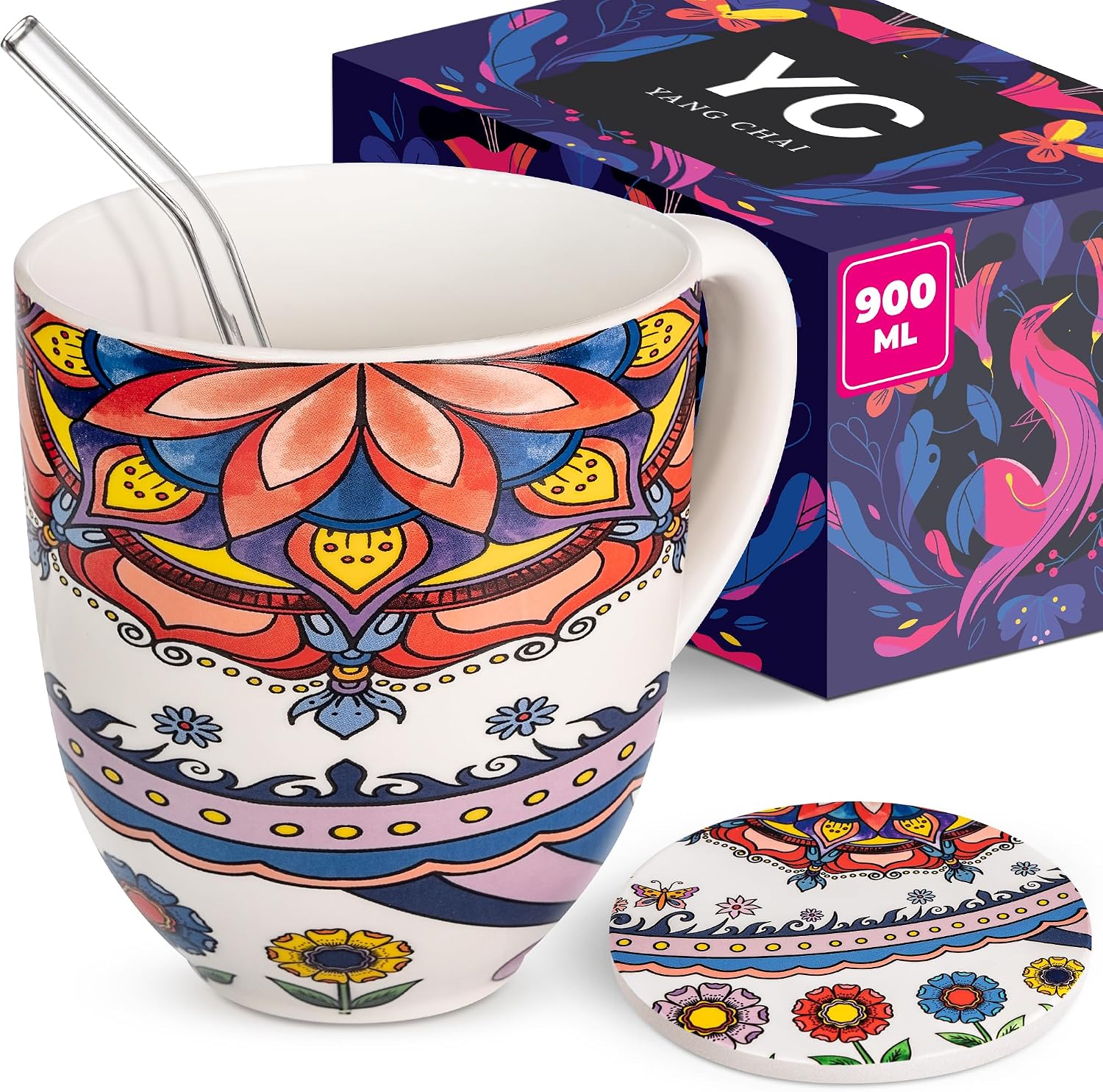 Yang Chai Jumbo Cup 900ml – Large Bone China Tea Cup – XXL Cup Gift Set with Coaster – Coffee Cup Giant Drinking Mug Giant Coffee Mug Jumbo Mug – YC Tranquility