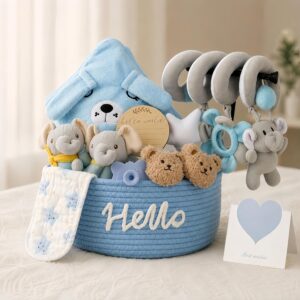 Baby Gift Boys for Birth, 11-Piece Newborn Gift for Boys with Hooded Towel, Rattle, Pram Toy and Storage Basket, Perfect Baby Shower Gift for Boys