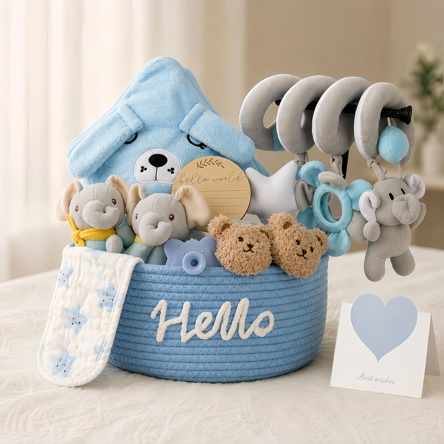 Baby Gift Boys for Birth, 11-Piece Newborn Gift for Boys with Hooded Towel, Rattle, Pram Toy and Storage Basket, Perfect Baby Shower Gift for Boys