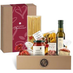 Pasta Vibes – Italian Gift Basket for Men & Women | Pasta Gift Set for Men & Women | Delicatessen Gift Idea for Birthday, Christmas, Date Night („Herzlichen Glückwunsch“ Banderole)