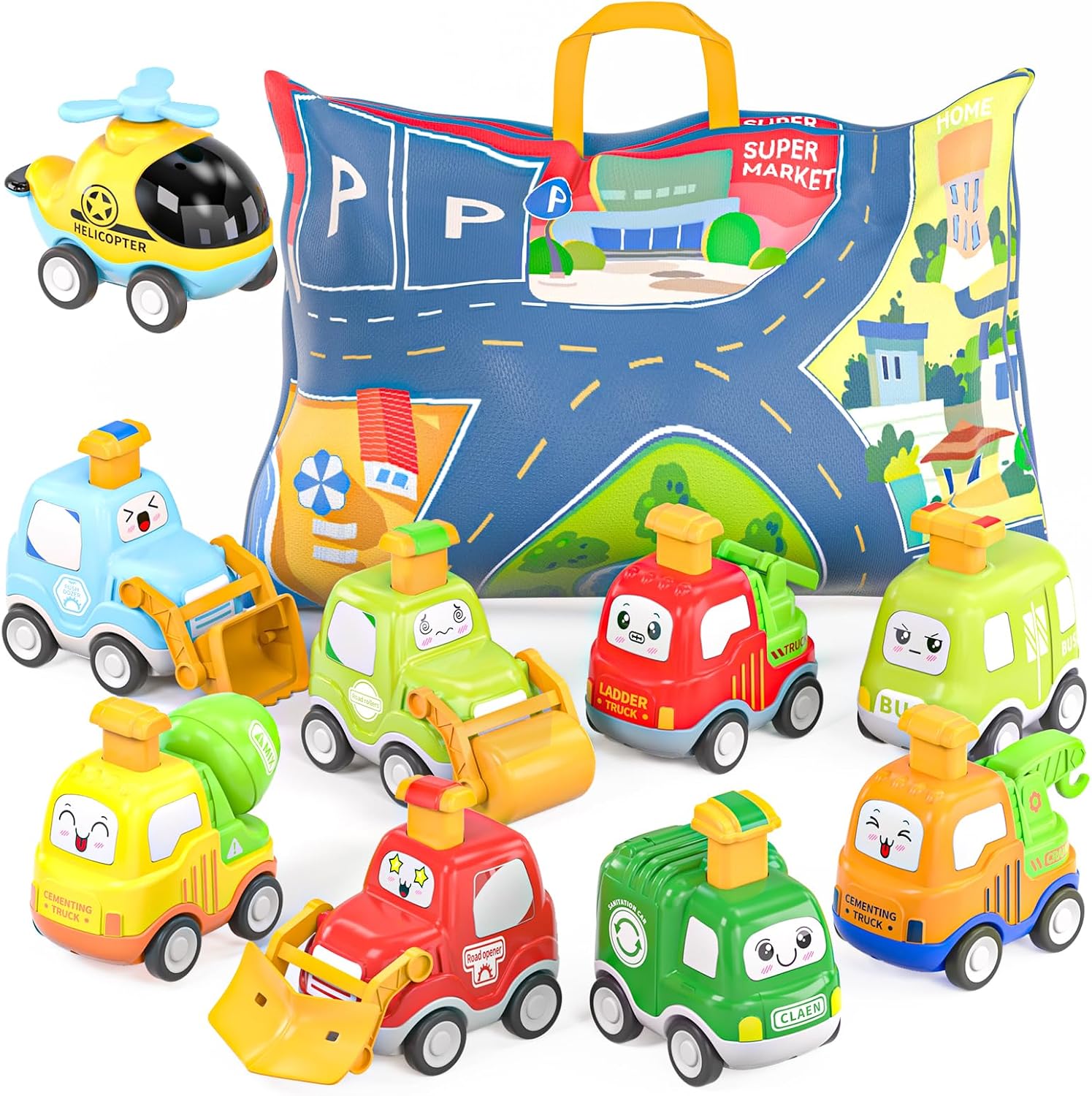Toy Cars for Toddlers, Car Toy for 1 Year Old Boys, 9 Piece Car Toy, with Play Mats, Storage, Toy Cars, Gifts for 1 2 3 Year Old Boys Girls
