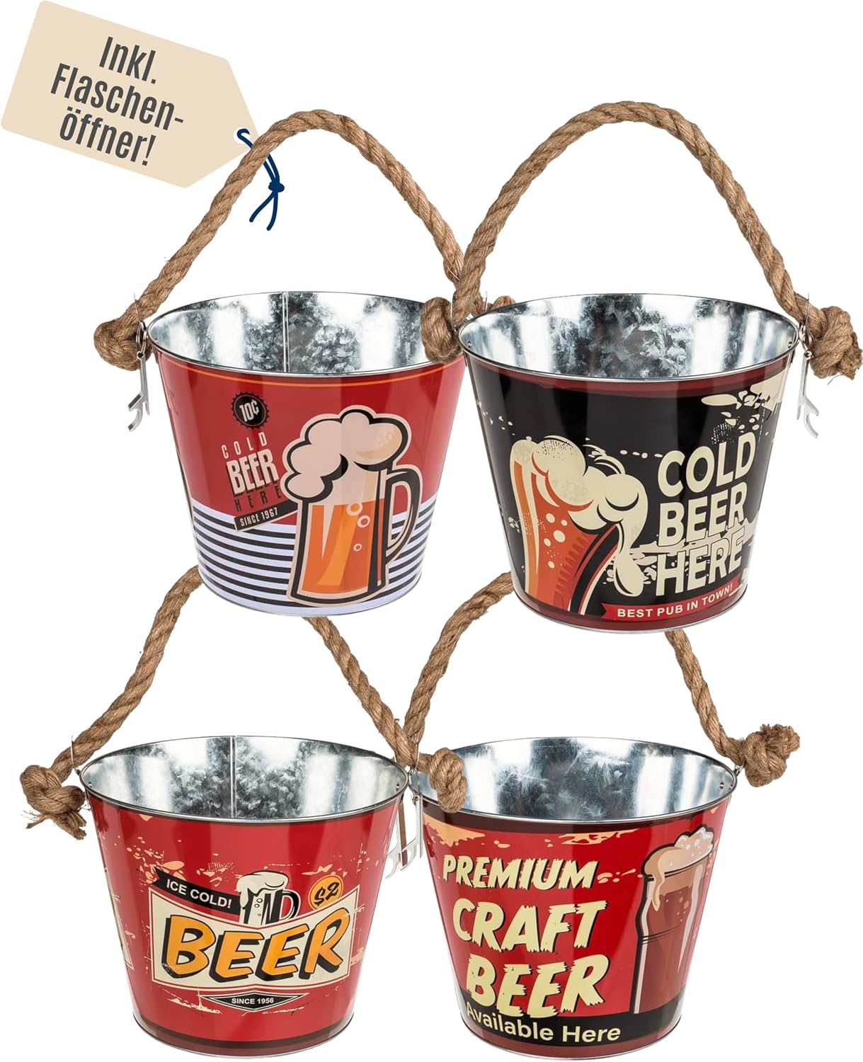 Out of the blue Metal Beer Bucket with Bottle Opener - Beer Cooler & Ice Bucket in Retro Design for Parties, Garden & Barbecues - Decoration & Gift Idea for Men