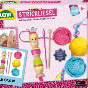 Lena 42375 Complete Knitting Starter Kit with Wooden Knitting Dolly, Knitting Needles and 3 Coloured Yarns, Each 15 m, for Children from 6 Years and Above