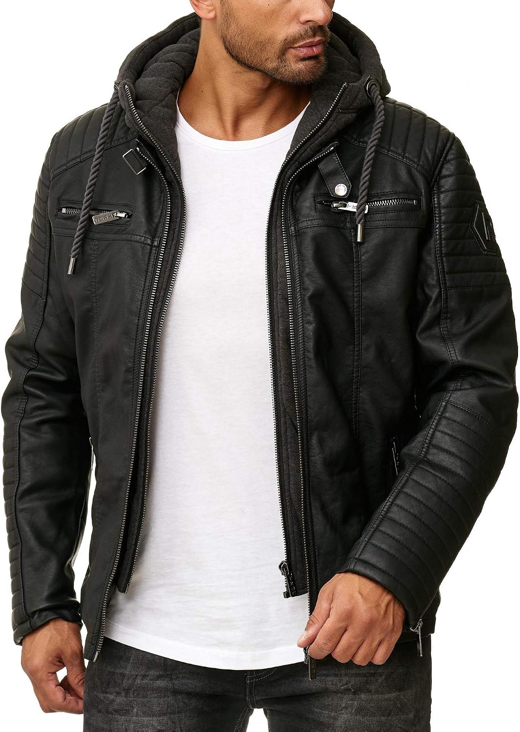 Redridge Robust Faux Leather Biker Jacket with Removable Hood – Bild 2