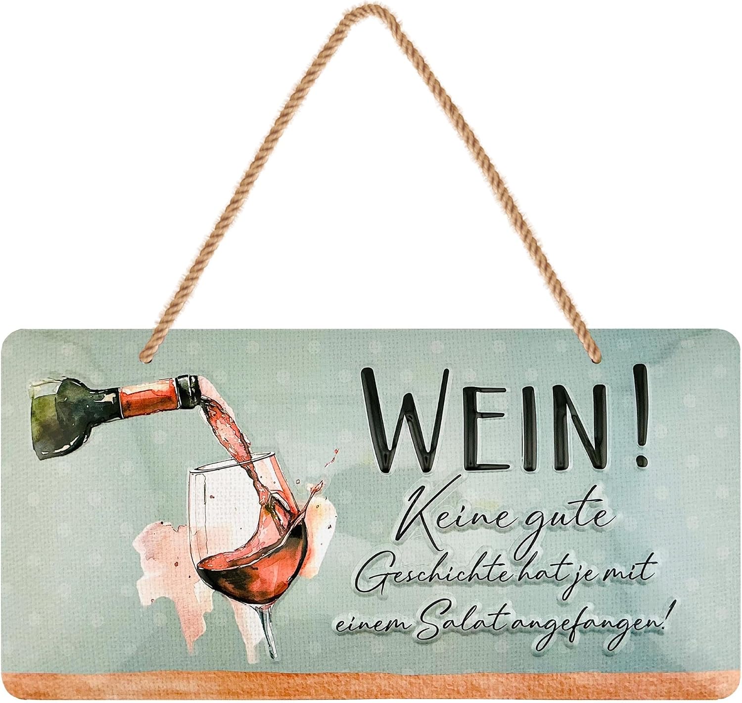 LANOLU Retro Tin Sign with Sayings Funny - WEIN! Keine gute Geschichte hat je mit einem Salat angefangen! - Vintage Metal Sign with Saying - Kitchen Picture and Shabby Chic Wall Decoration Kitchen 16 x 32 cm
