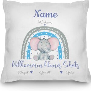 PR Print Royal Cushion with Filling – Personalised with Birth Data – Welcome Little Treasure – Elephant – Gifts for Birth, Gift Ideas Birth | Includes Cushion Filling, White Back, 40 x 40 cm
