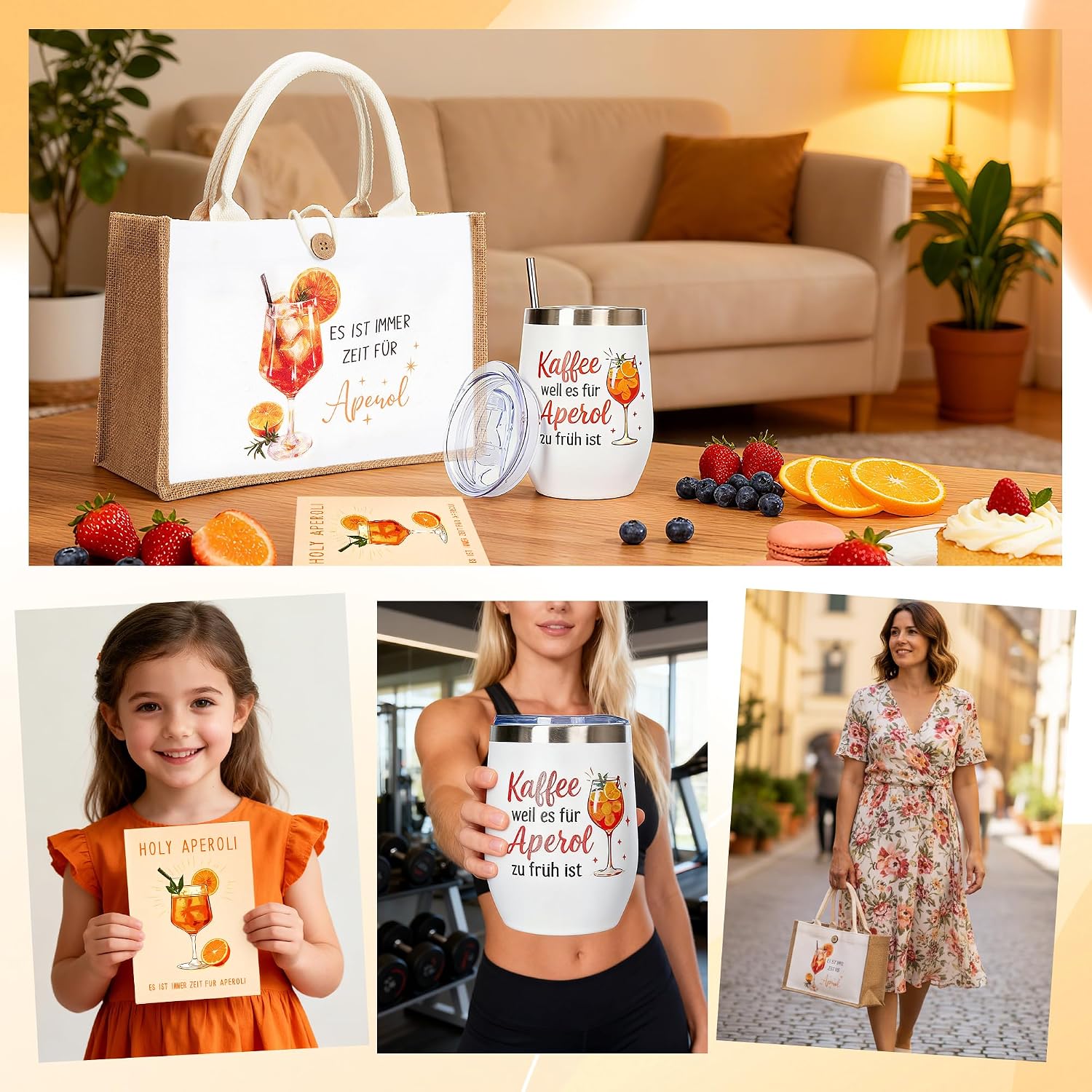 3 Piece Splash Gift Set for Aperitif, Stainless Steel Wine Tumbler 350ml with Lid & Straw, XXL Jute Beach/Gift Bag 32×22×13cm, Premium Birthday Card - Summer, Party, Girlfriend, Women – Bild 5