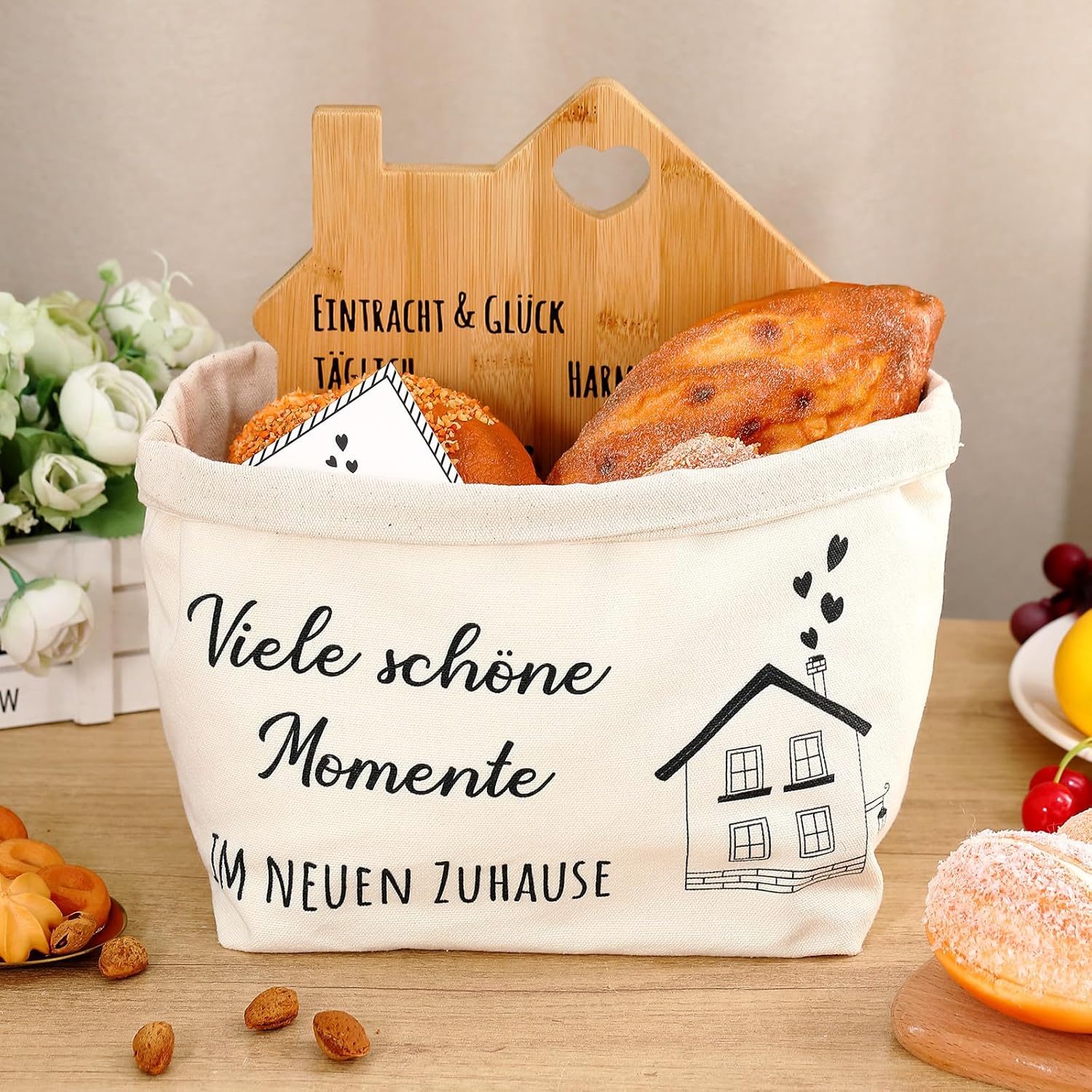 Sinmoe Gift Idea for Housewarming Bread Basket Chopping Board with Congratulations Card for Housewarming Gift Bread Bag Gift Moving Topping Party Housewarming Gift House Building New Home – Bild 5