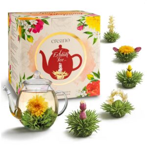 Creano Tea Flowers Gift Set, Flower Design, Blooming Tea Spring Reading with 500 ml Glass Jug and 6 x White Tea, Gift for Valentine's Day, Mother's Day