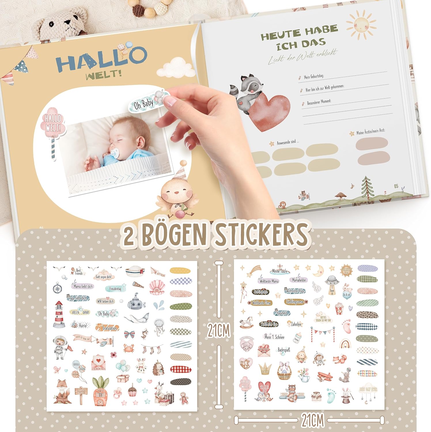 Hyggartn My First Year Baby Album with 84 Pages and 2 Stickers Personalised Gifts Baby Gift Birth Boy & Girl Photo Album Baby Memory Baby Diary 21 x 21 cm (Cute Designs) – Bild 2
