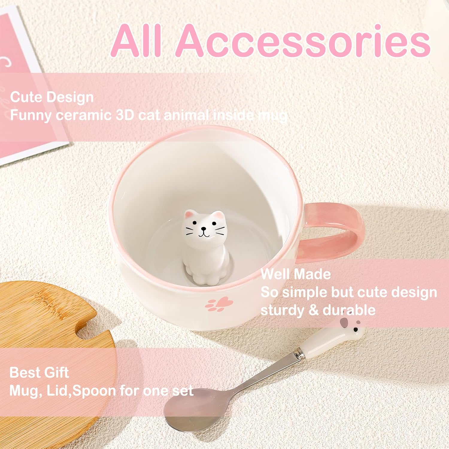 Cute Things Ceramic Cat Coffee Cup, Tea Cup with Lid and Spoon, Funny Cups, Gifts for Women, Coffee Mug, Porcelain 3D Cup, Personalised Cappuccino Cup, Best Friend Christmas Gift – Bild 4