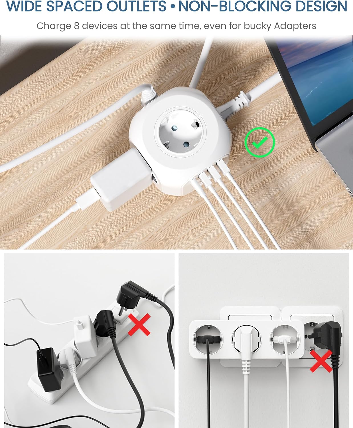 LENCENT 4-Way Socket Strip, Flat Plug, Socket Cube, 8-in-1 Power Strip, with 3 USB A and 1 USB C Port, 5-Metre Cable, for Wall Socket – Bild 5